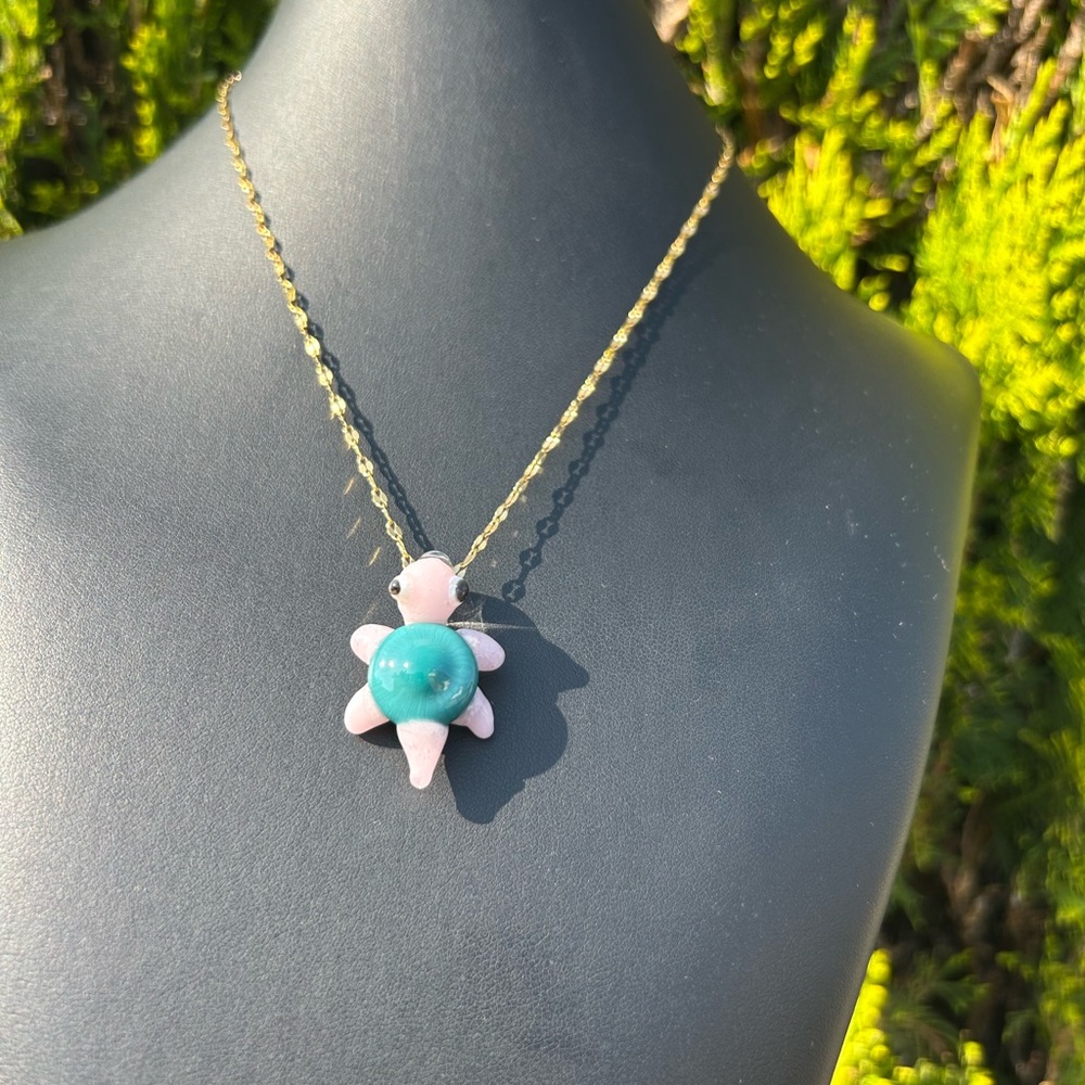 Gold Turtle Pendant Necklace with Pink and Blue Accents